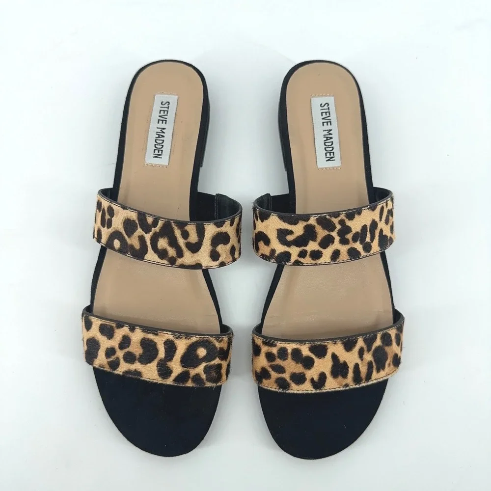 Steve Madden Leopard Print Calf Hair‎ Slide Sandals Women 8.5 Lacole Tan Black